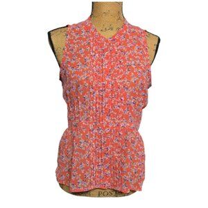 Frenchi Sleeveless Pleated Front Button Down Blouse Sz Medium Coral Floral Print
